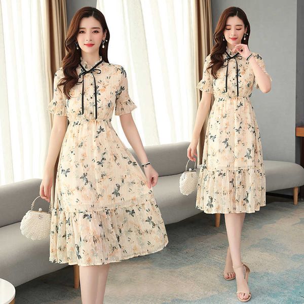 

vintage floral chiffon sweet midi dress spring summer plus size print runway elegant women bodycon party vestidos 210528, Black;gray