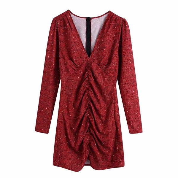 

women printed red dress v-neckline long sleeves puff shoulders gathering detail elegant clothing 210420, Black;gray