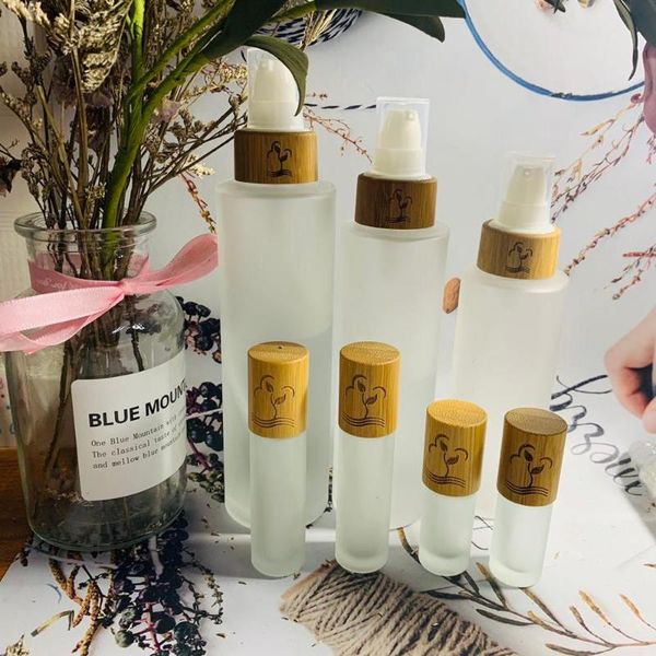 

storage bottles & jars custom logo toner water bottle empty frosd glass lotion bamboo cap essential oil roller skin care container