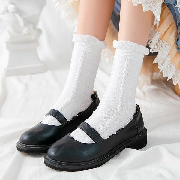 

socks & hosiery jeseca japanese kawaii girls cute white ruffles lolita school students long sock for women vintage harajuku streetwear, Black;white