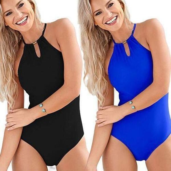 

women's swimwear women ladies plain one piece swimsuit high halter neck bikini bathing suit holiday, White;black