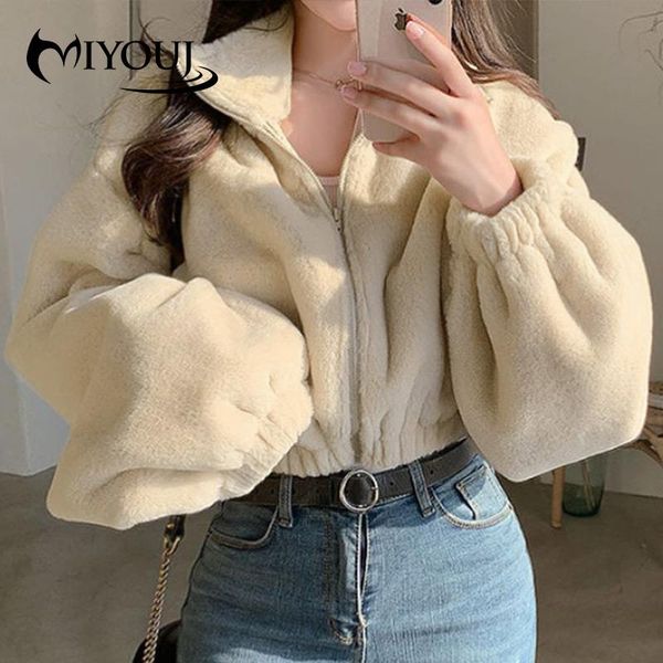 

women's jackets miyouj autumn winter wool fleece jacket women thick cardigan turn down collar loose casual coat female, Black;brown