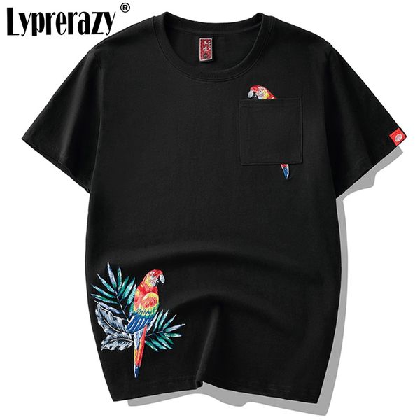 Çin tarzı erkek rahat nakış t-shirt papağan kuş pamuk kısa kollu tees üst orijinal
