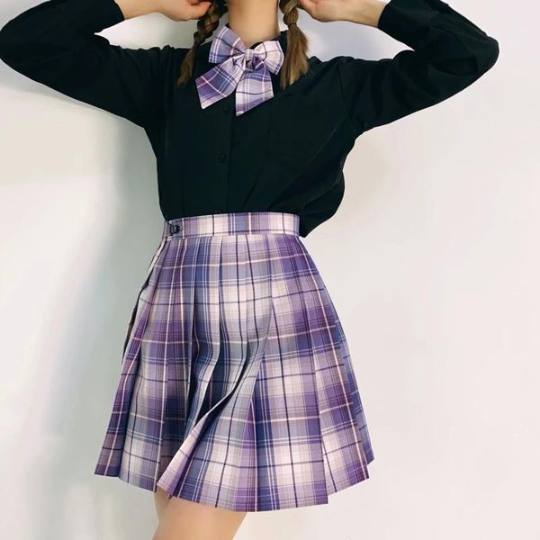 

women preppy style plaid pleated mini skirt with bow tie jk japan skirts f3, Black