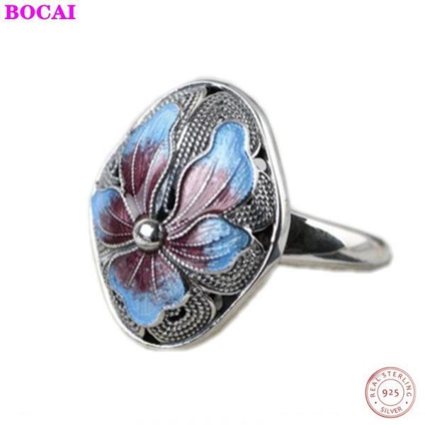 

cluster rings s925 sterling silver women's antique firing blue process open ring female thai cloisonne index finger, Golden;silver