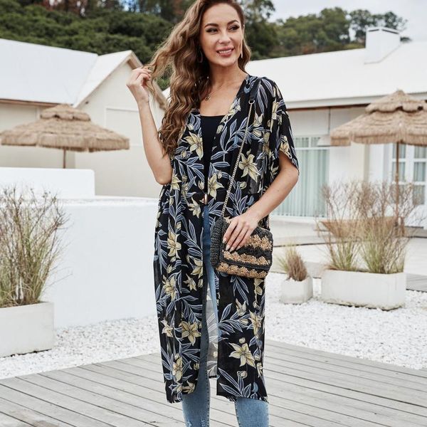 

floral print long kimono cardigan 2021 summer women swimsuit bathing beach cover ups vintage girls split loose vacation outfits women's, White;black