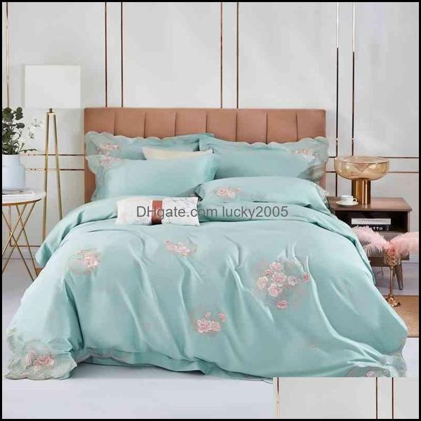 Conjuntos Fornecimentos Têxteis Home Gardenchic Bordado Floral Duvet 100% Natureza Algodão TRA Macio Bedding Set Queen King Cama Parforter Er Pi