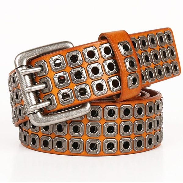 

belts alloy there pin buckle belt men women heavy metal punk rock cowskin genuine leather hip hop rivet jeans, Black;brown