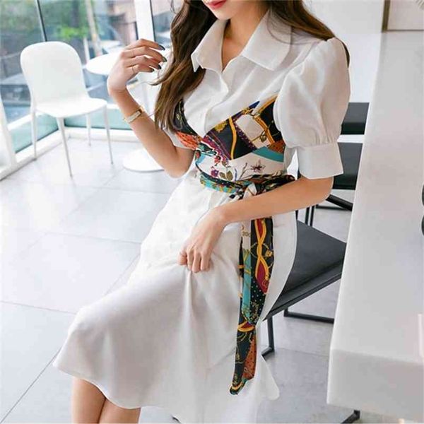 Estilo Coreano Verão Mulheres Elegante Falso Dois Parte Camisa Vestido Escritório Senhora Moda Impressão Corte Cinto Retalhos Midi Long 210514