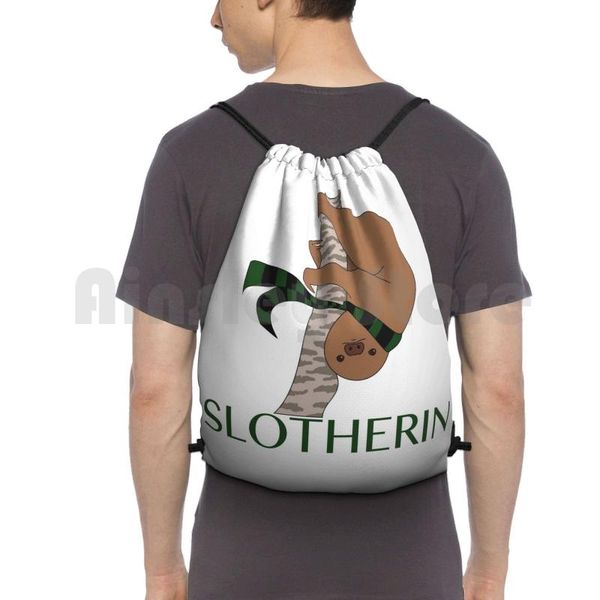 

slotherin backpack drawstring bag riding climbing gym graphic design magic witch wizard animal sloth wand text funny pun