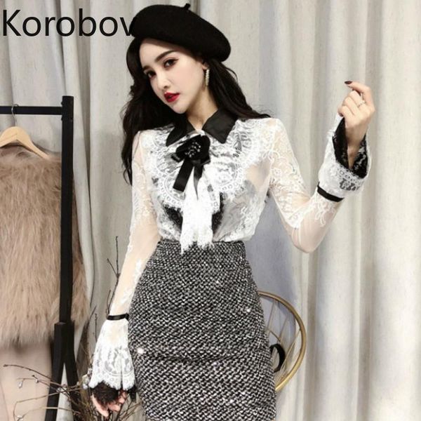 

korobov elegant bow turn-down collar women lace blouse korean hollow out blouses flare long sleeve blusas mujer 77842 women's & shirts, White
