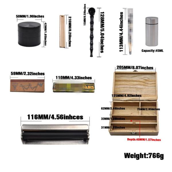 Caixa de armazenamento de madeira CAMPHOR, conjunto de cigarros, moinho de tubos, lata selada de metal, conjunto de cigarros de 9 peças