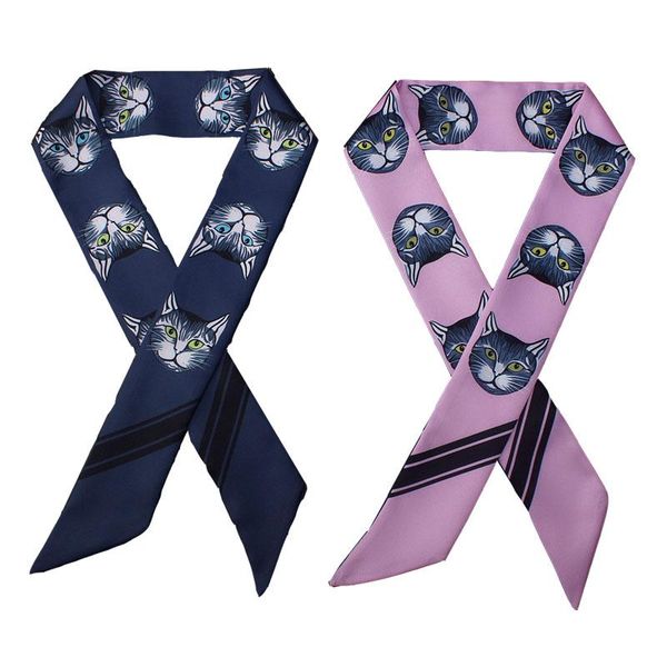 

skinny scarf cartoon cat print silk for women head band long handle bag scarves decorate wraps lady 88*5cm, Blue;gray