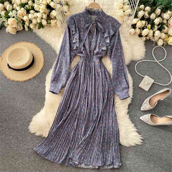 

women's autumn winter fashion bow neck retro floral print slim chiffon pleated dress lady long sleeve elegant vestidos q066 210527, Black;gray