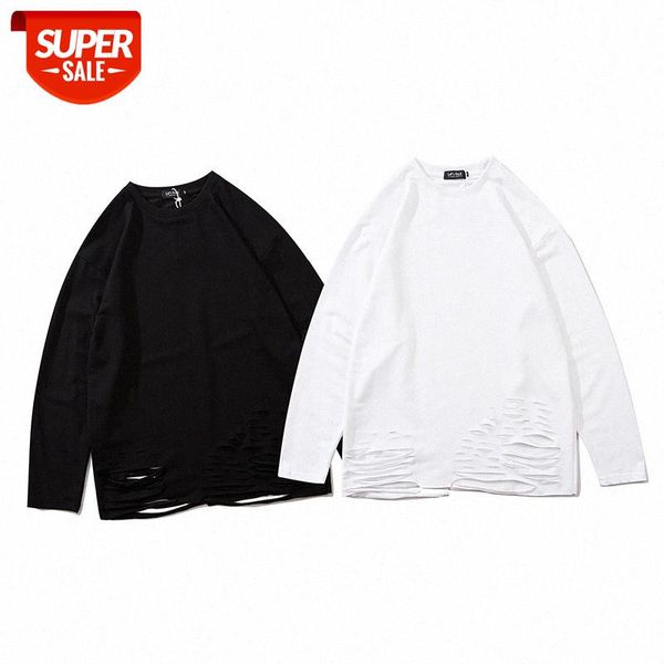 

streetwear men tide brand autumn hip-hop high street long-sleeved t-shirt for and women loose trend hole solid color inner base shirt #4l18, White;black