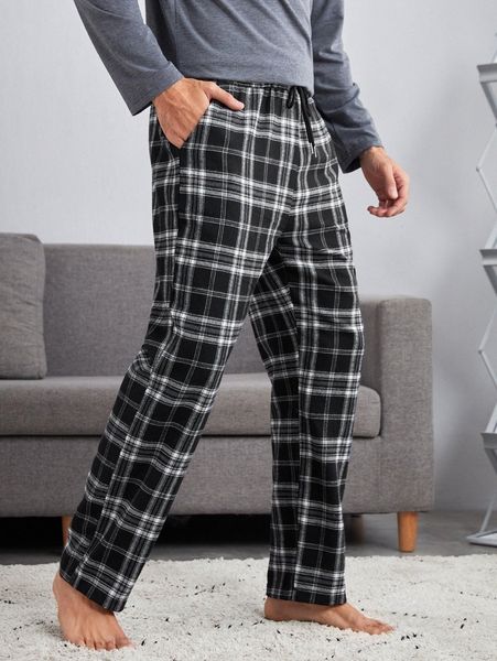 

men plaid print slant pocket pajama pants 31if#, Black;brown