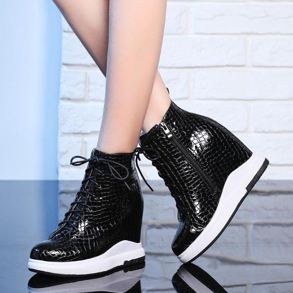 

dropship genuine cow leather fashion ankle boots woman shoes shoelace wedge high heels boot female, Black