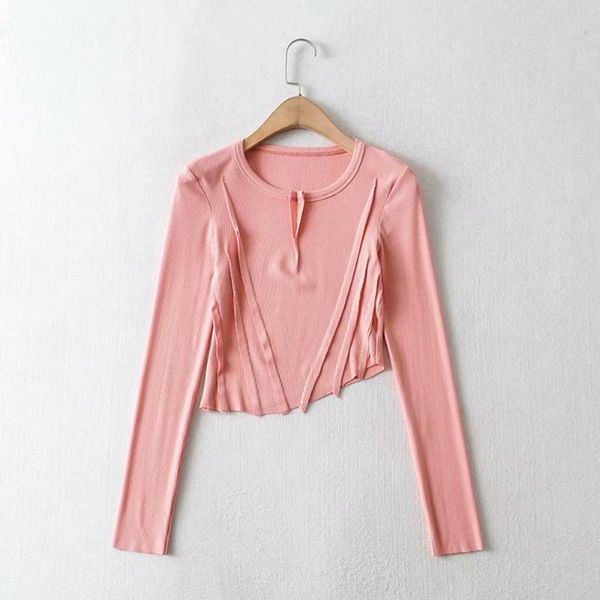 

women's t-shirt irregular patchwork long sleeve round neck slim top, White