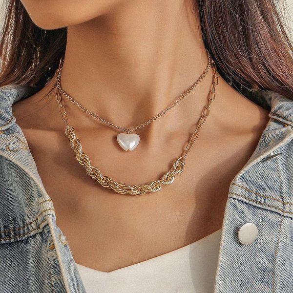 

pendant necklaces korean fashion design short double-layer love heart pearl necklace simple alloy twist thick chain link, Silver