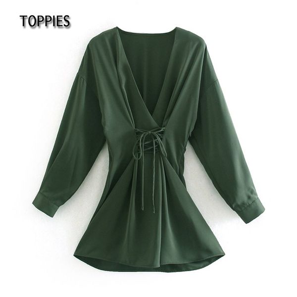 

ies woman bandage dress long sleeve v-neck mini dress a-line slim waist chic vestidos 210412, Black;gray