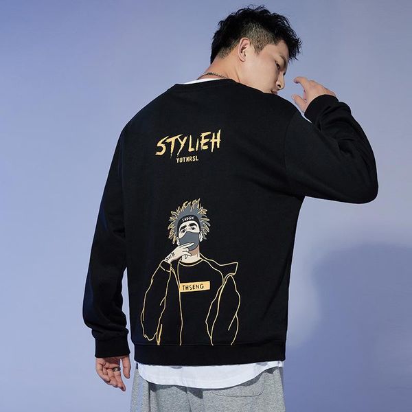 

men's hoodies & sweatshirts fashion long sleeve pullovers mens loose sports japanese style print male solid color hip hop streetwear, Black