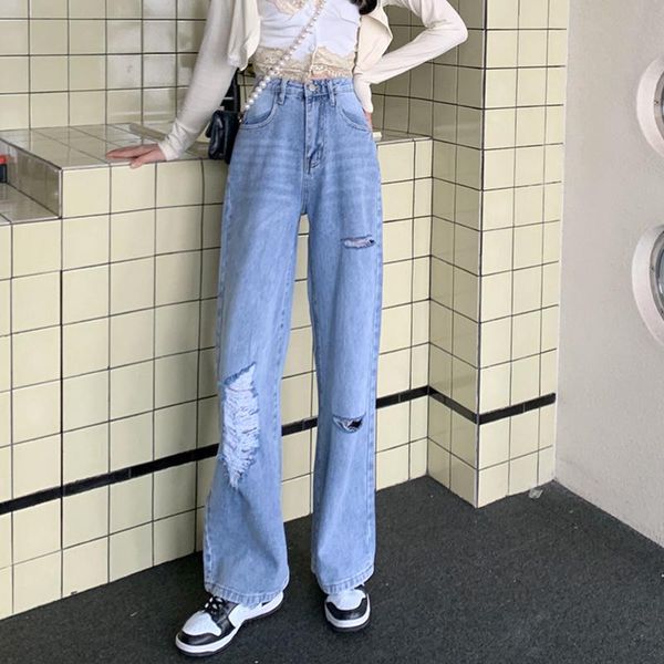 

women's jeans women blue ripped high waist straight burrs hole denim trousers 2021 baggy casual boyfriend style wide leg pants