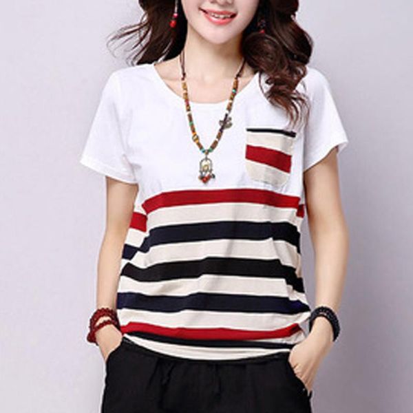 

women fashionable casual solid polyester horizontal stripe o-neck short-sleeved loose plus size t-shirt women's, White