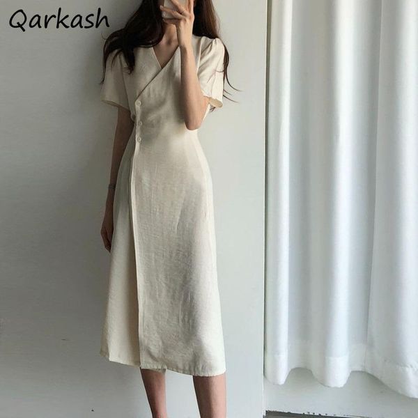 

casual dresses dress women solid v-neck retro french style abdomen elegant lady simple soft vestidos all-match button breathable trendy, Black;gray