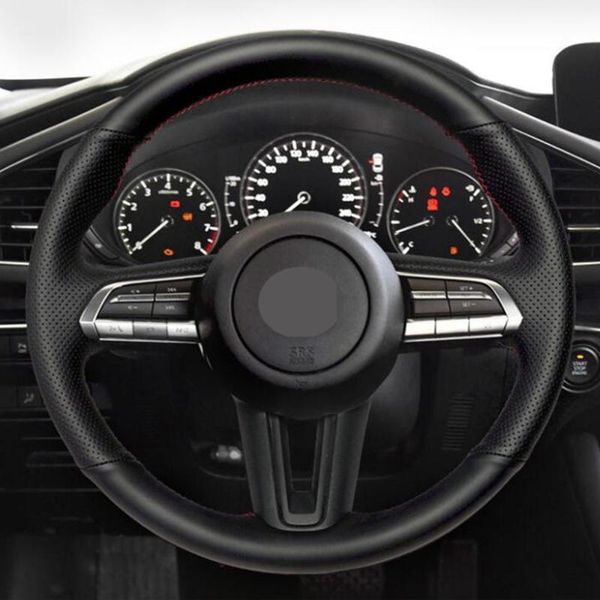 

steering wheel covers hand-stitched non-slip black genuine leather diy car cover for 3 axela 2021 cx-30 mx-30