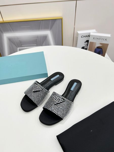 

2022 fashion trend imitation crystal decorative satin slippers leather soles sheepskin lining, Black