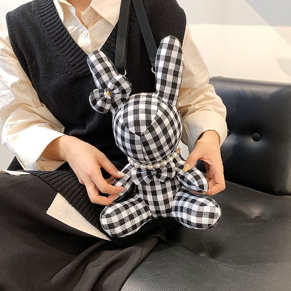

2021 checkered backpack female korean cute rabbit doll casual portable one shoulder multicolor bear