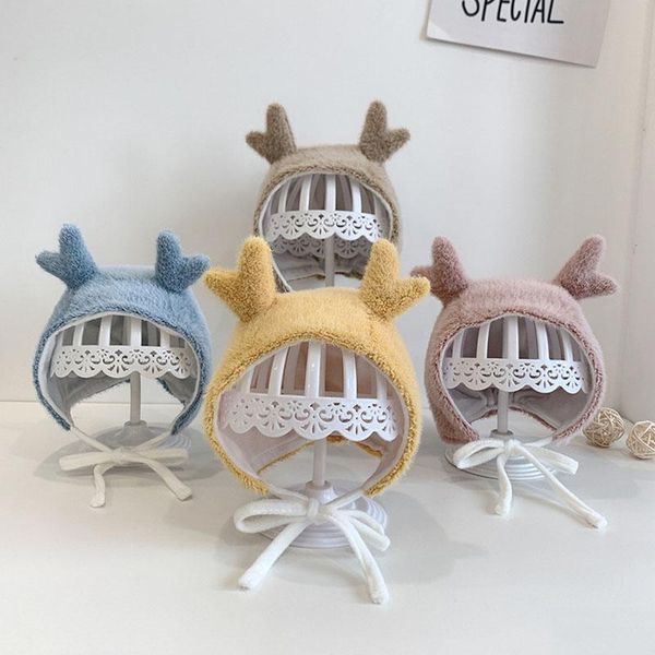 

caps & hats cartoon antlers baby hat soft plush autumn winter warm kids bonnet cap solid color born infant, Yellow