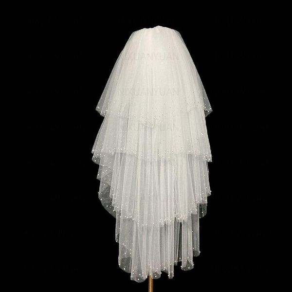 

bridal veils 4 tier layered womens wedding veil imitation pearl handmade beaded with comb accessories velos de novia, Black