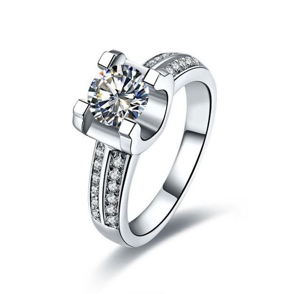 

cluster rings 14k elegant 2ct micro paved round solid white gold nscd quality diamond ring for women engagement classic jewelry, Golden;silver