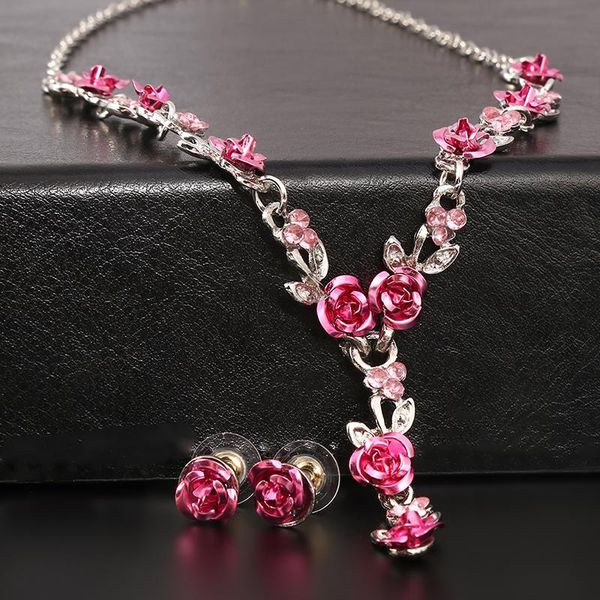 

earrings & necklace fashion earring sets rose flower african beads jewelry set wedding bridal marriage rhinestone, Silver