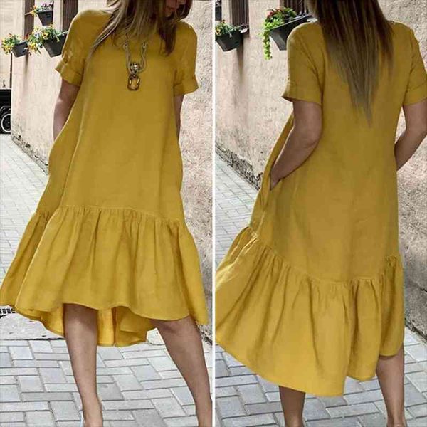 

summer solid casual short sleeve women dresses sundress vintage ruffles mid-calf vestidos pockets o-neck robe femme, Black;gray