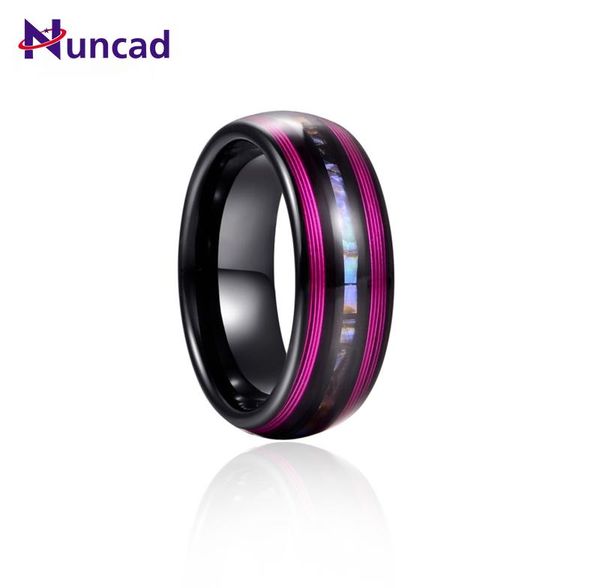 Anéis de casamento 8mm Elétrico preto embutido strings guitarra roxo abalone cúpula tungstênio anel de carboneto homens moda jóias presente