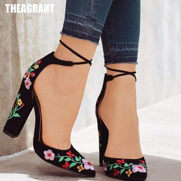 

vintage women sandals embroidery pointed toe lace-up pump summer ethnic wedding party lady high heel shoes whh116 dress, Black