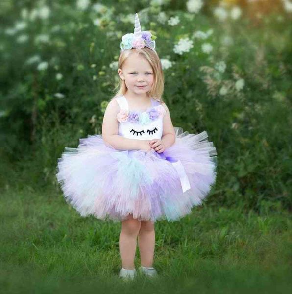 

baby girls pastel unicorn tutu girl dress kids crochet flower tulle with hairbow children birthday party costume cartoon, Red;yellow