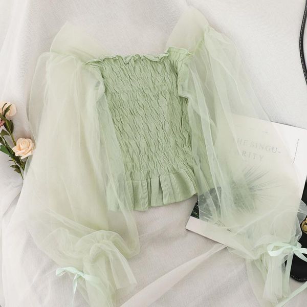 

women's blouses & shirts fifichuyi 2021 arrival slash neck female solid mesh long sleeve korean elegant womens and, White