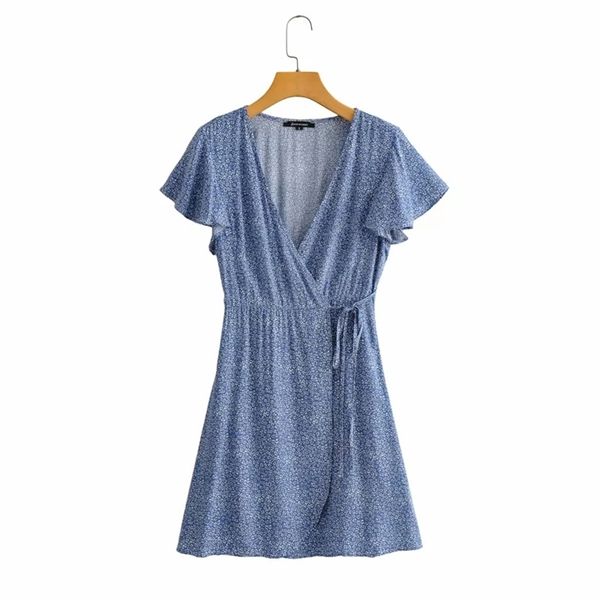 

casual woman blue v neck ruffles lacing cotton dress summer fashion ladies soft mini es female chic a-line 210515, Black;gray