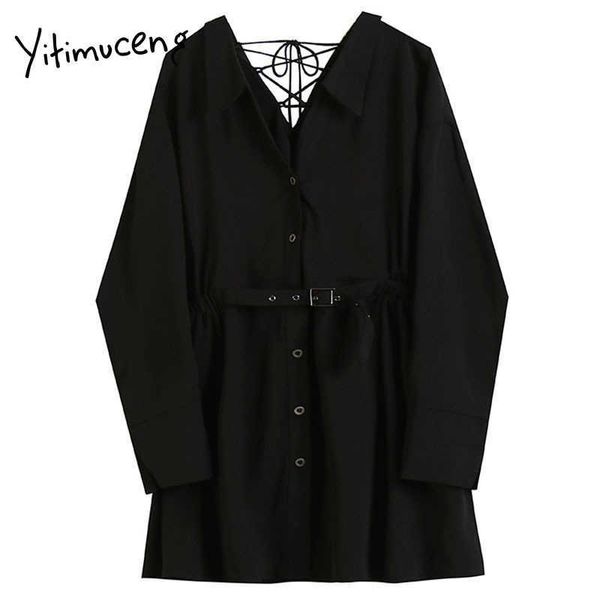 

yitimuceng sashes casual dress women a-line solid black spring single breasted long sleeve loose waist clothes office lady 210601, Black;gray