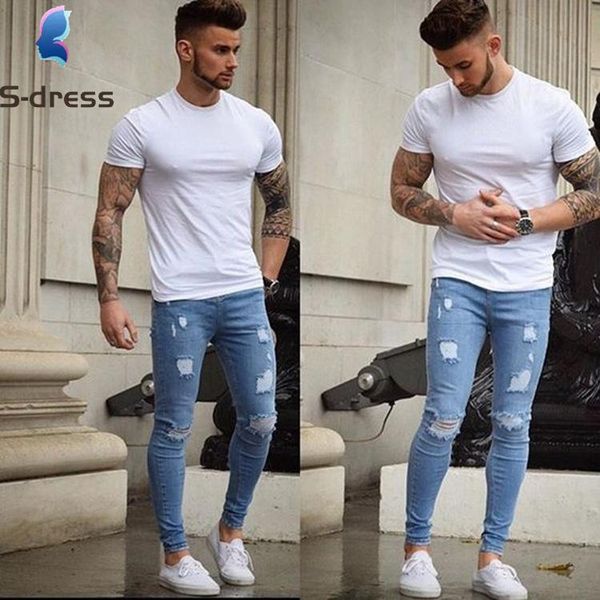 

men's jeans fardress 2021 white frayed small feet slim european and american skinny denim, Blue