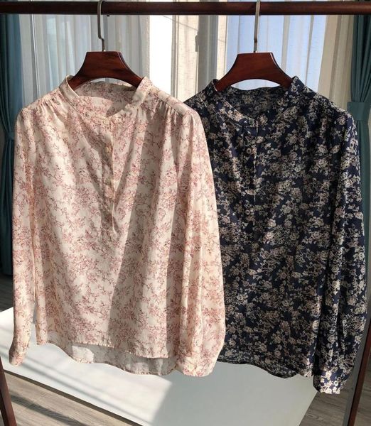 

floral printing women's long sleeve shirt retro o-neck two colors female clothing ladies blouse and 2021 blouses & shirts, White