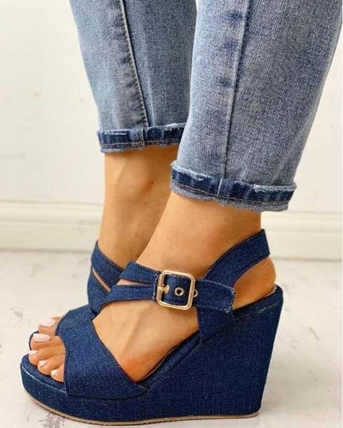 2021 Nova Chegada Mulheres Cunhas Sandálias Verão Plataforma Azul Sapatos Casuais Sandalias Mujer Zapatos De Y0721