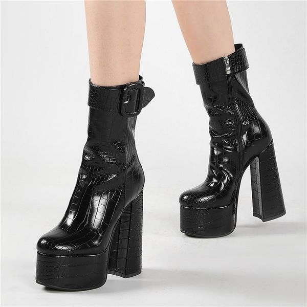 

boots women winter autumn chunky heels high platform short thick sole black round toe buckle strap fashion ankle