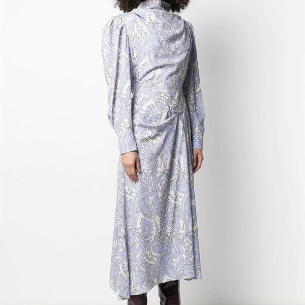 

casual dresses vintage print robe women stand collar long sleeve high waist ladies midi dress early autumn 2021, Black;gray