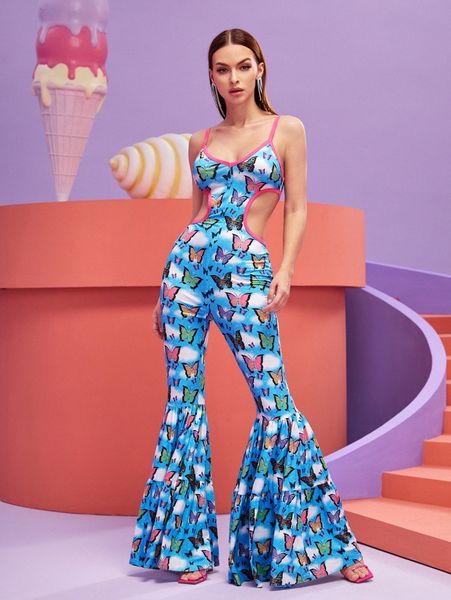 

x nayik butterfly print contrast binding cutout detail flare hem slip jumpsuit 93i5#, White