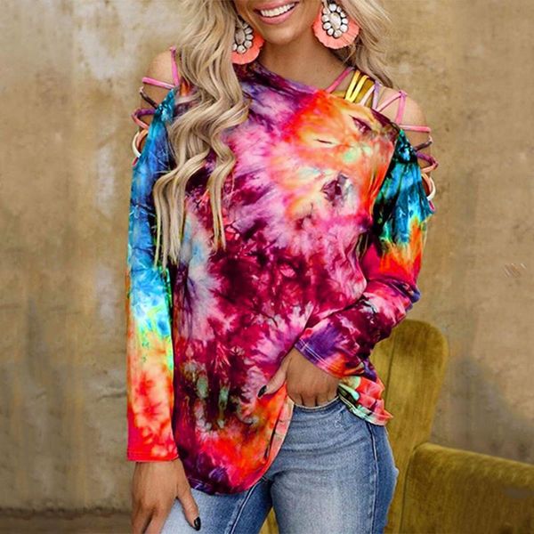 

women's t-shirt 40# women tie-dye print t-shirts summer 2021 short sleeve vest dew shoulder tshirt cold t shirt woman clothes blusa, White