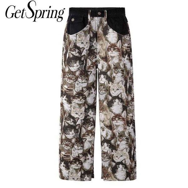 

getspring women pants capris printing high waist wide leg all match vintage casual cargo pant fashion trousers 210601, Black;white